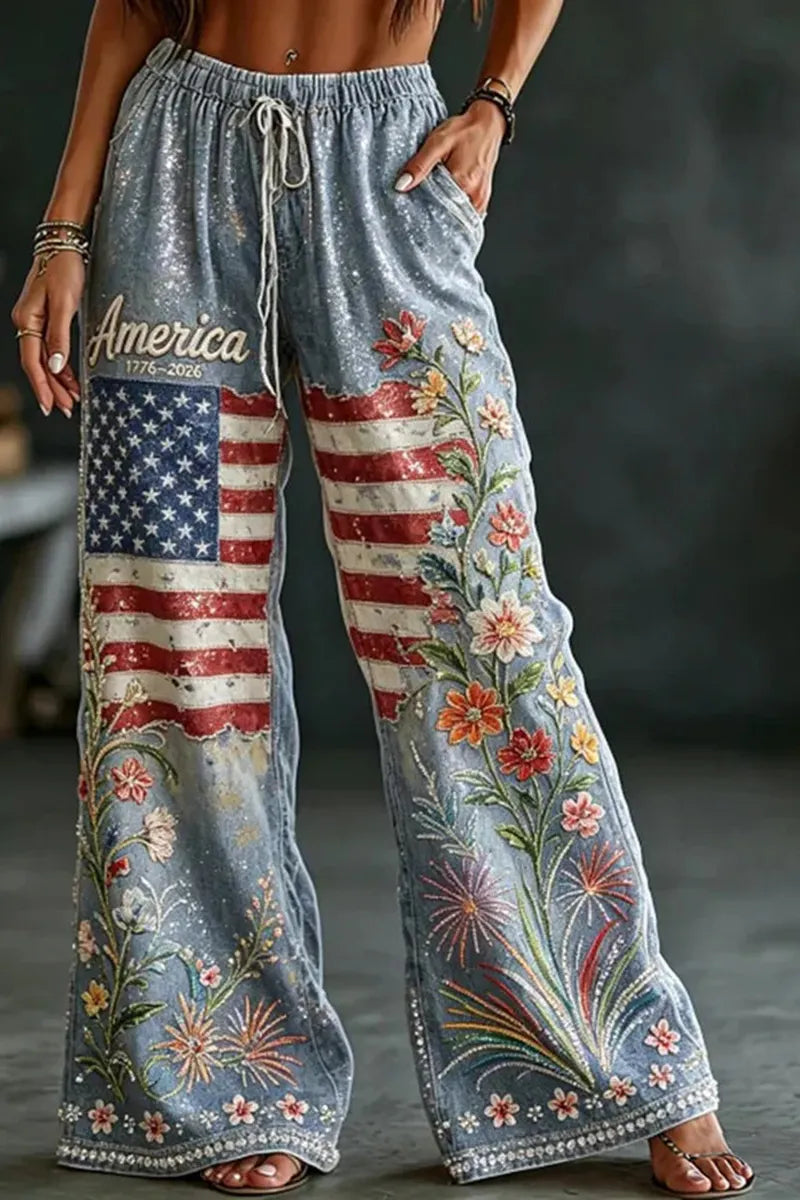 Women's Casual Embroidered Pattern Print Rhinestone Jeans