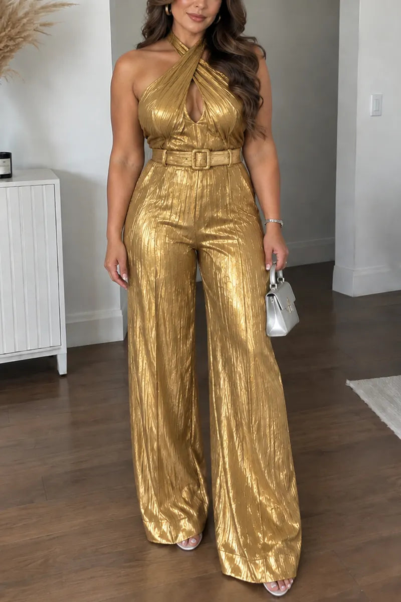 Women's Elegant Halter Neck Metallic Gold Belted Wide Leg Jumpsuit