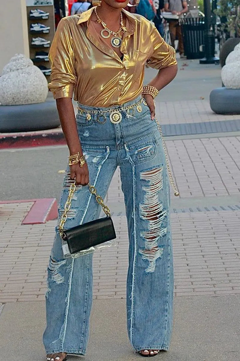 Women Shiny Gold Metallic Fabric Lapel Long Sleeve Oversized Button Shirt