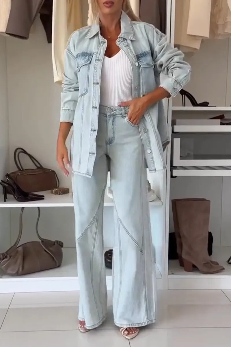 Women's Collar Washed Denim Jacket with Breasted Buttons or Patchwork Jeans