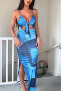 Women's Spaghetti Strap Patchwork Slit Sexy Casual Faux Denim Print Dress