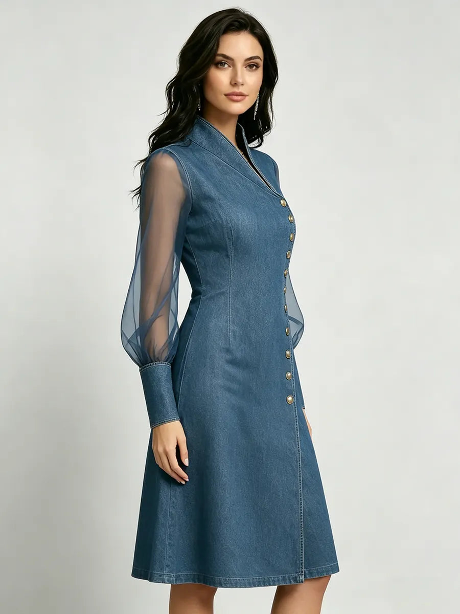 Elegant Stand-Collar Denim Dress with Organza Paneling