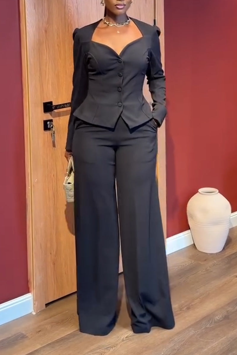 Women's Square Collar Waist Cinched Top+ Pants Casual Outfit with Temperament