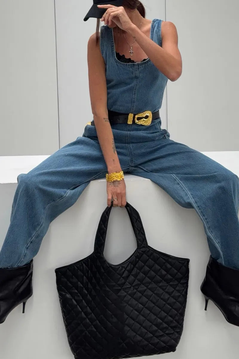 Women's Casual Denim Jumpsuit with Barrel Leg & Pockets