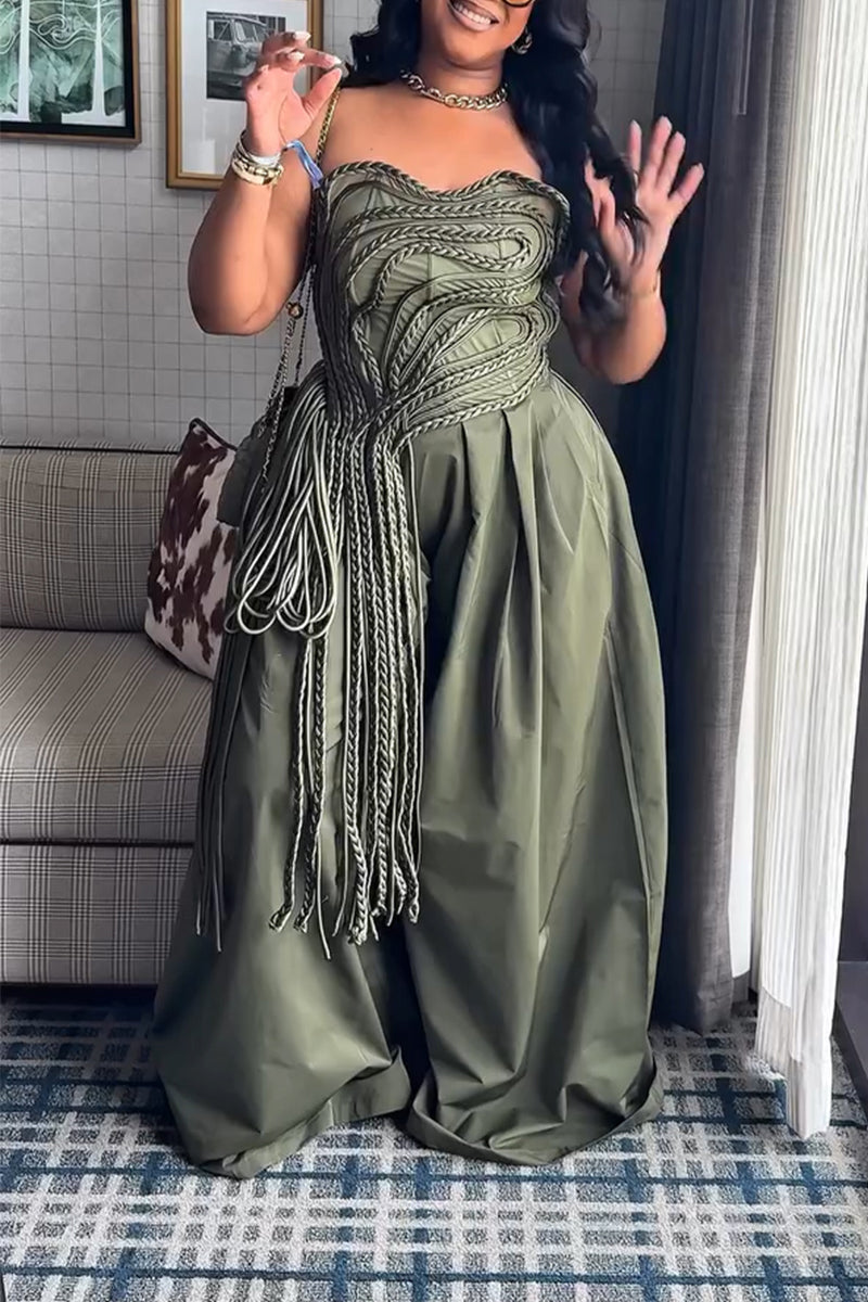 Women's Fashion Woven Decoration Asymmetric Strapless Top or Wide Leg Pants