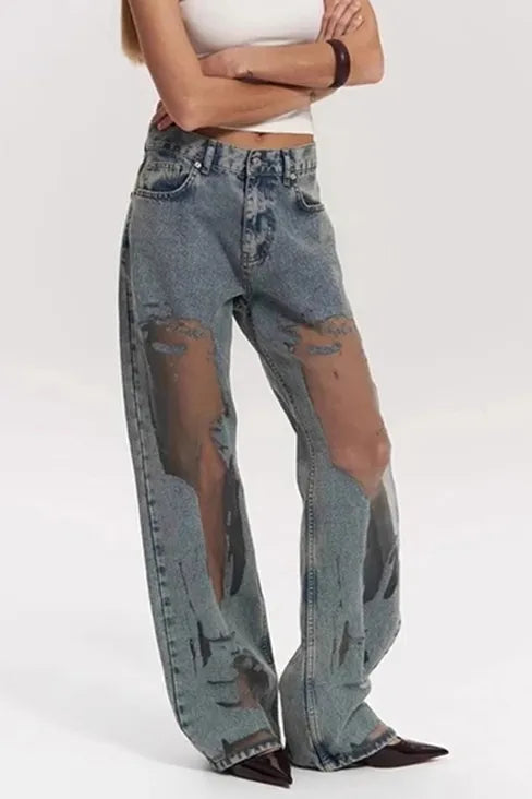 Women's Distressed Jeans With Sheer Cut Out Detail