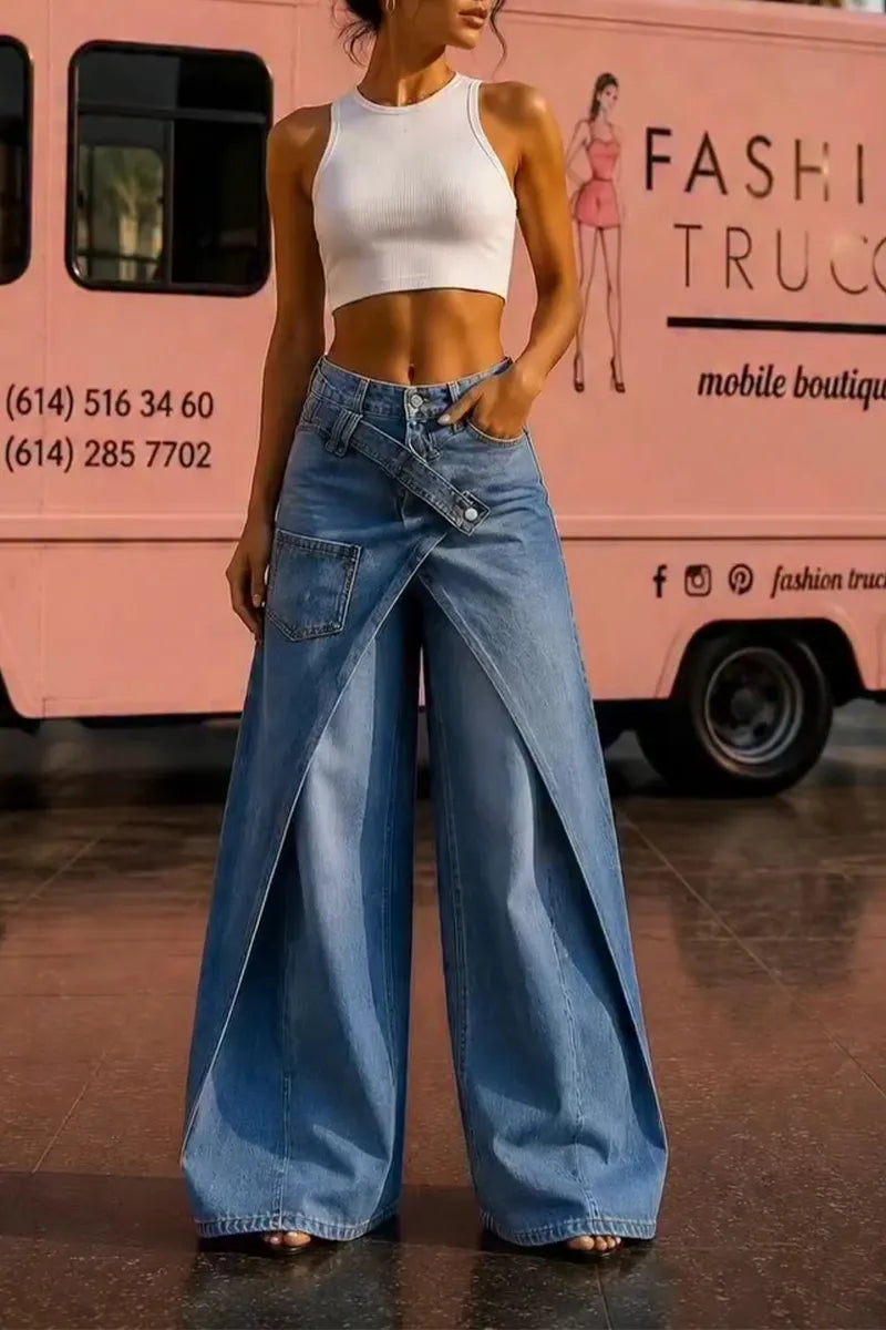 Women's Fashion Asymmetrical Overlapping Faux Two-piece Jeans