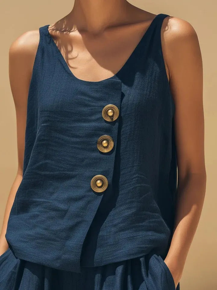 Navy Denim Two-Piece Set (Sleeveless Top + Wide-Leg Pants)