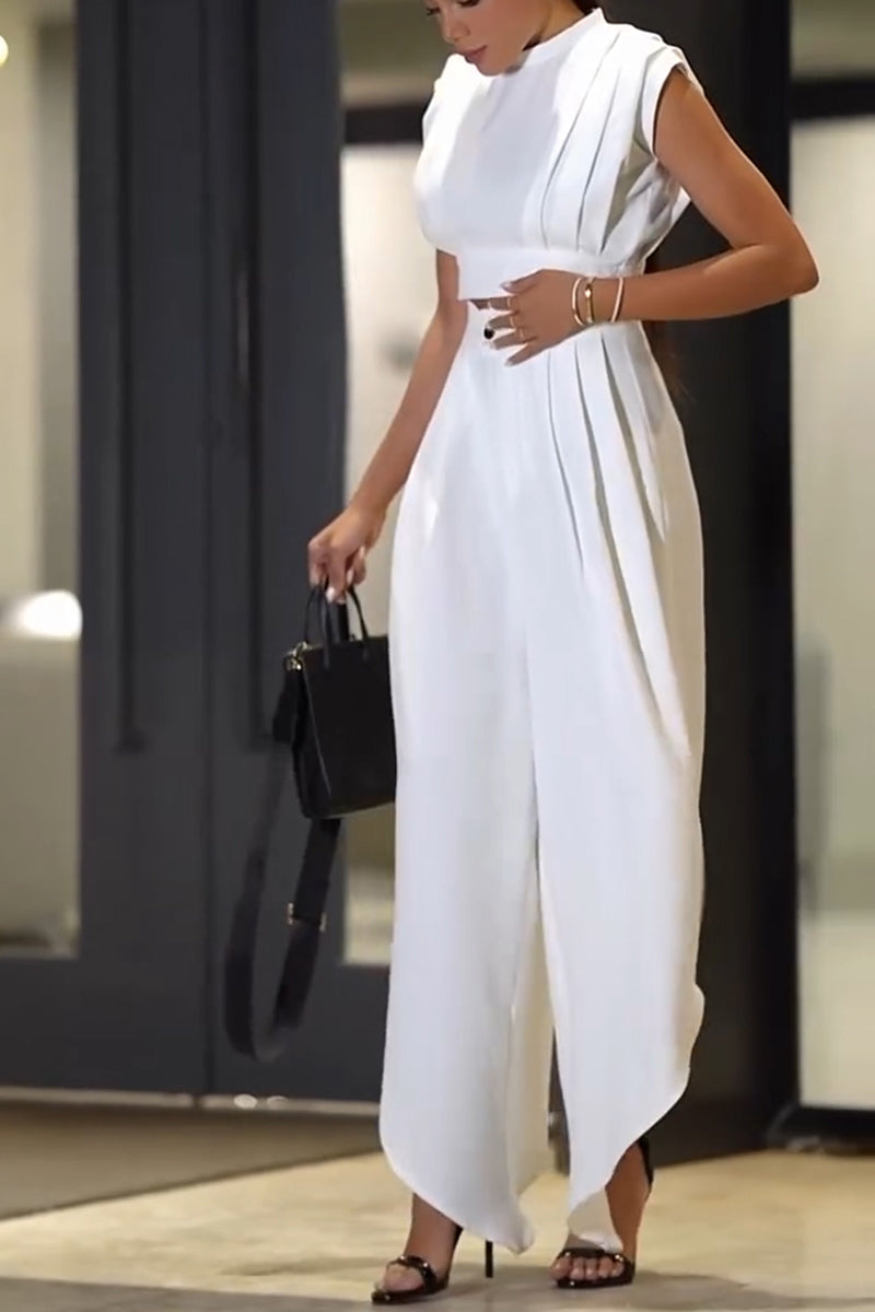 Women's Urban Casual Pleated Vest Asymmetric Hem Pants Two-Piece Set