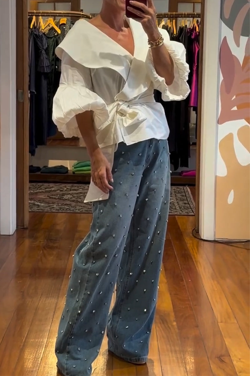 Women Casual V-neck Cinched Waist Shirt or Nail Drill Wide Leg Jeans