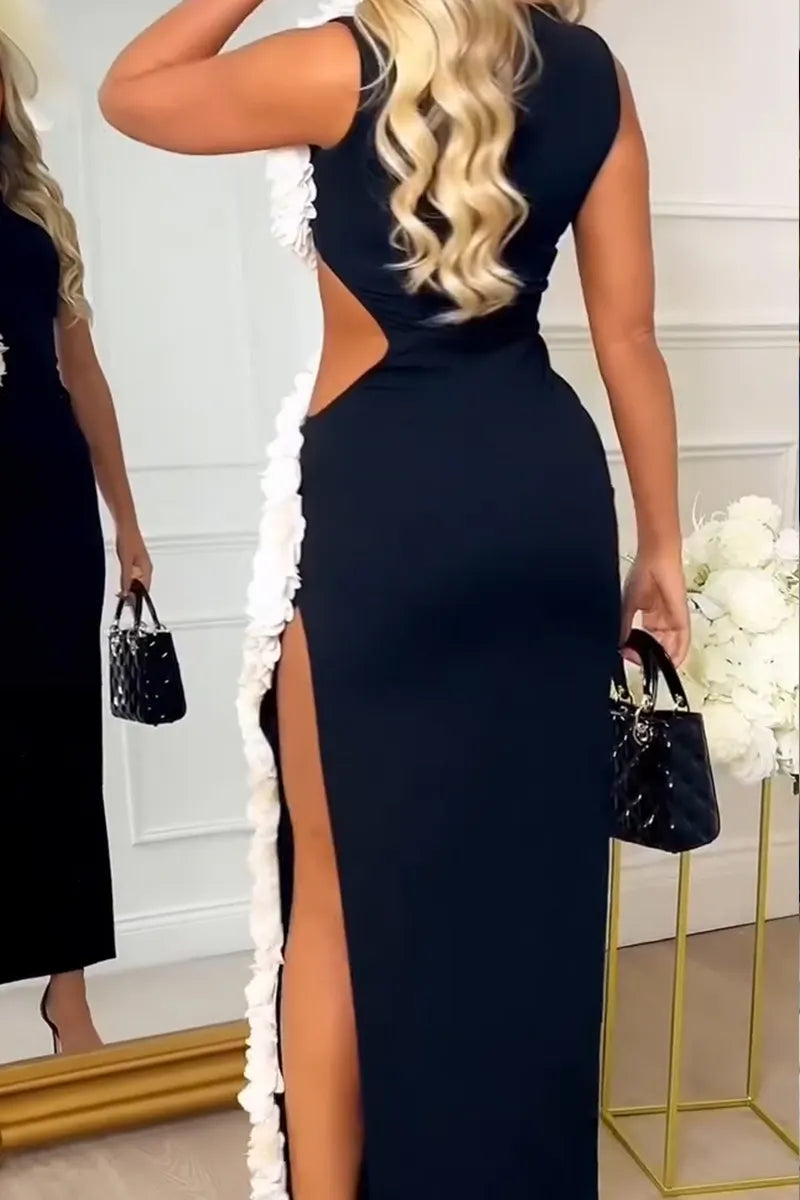 Women's Elegant White Lace Trim Waist Cutout Maxi Dress