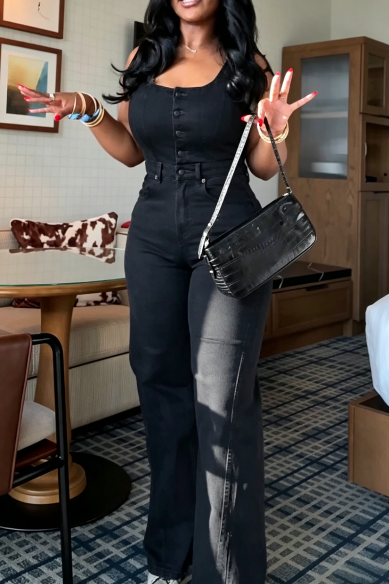Women's U-neck Patchwork Waist Cinched Casual Denim Jumpsuit
