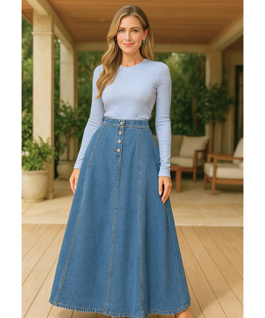 Denim Maxi Skirt - Sculpt Your Curves and Own Every Room with Effortless Grace