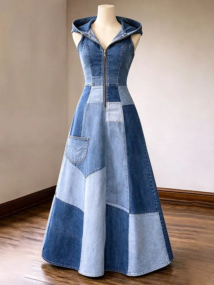 Color-block Western-style Maxi Dress With Zipper