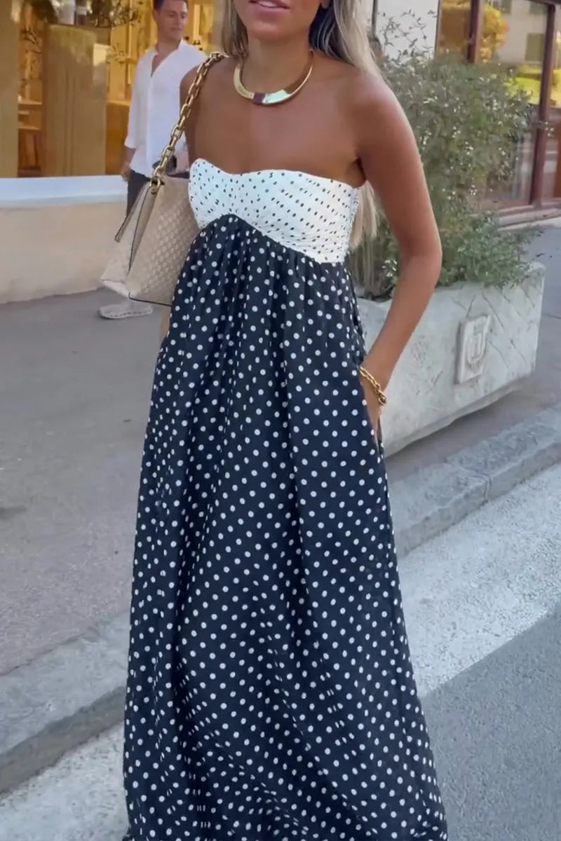 Women's Vacation Strapless Color Block Polka Dot Maxi Dress