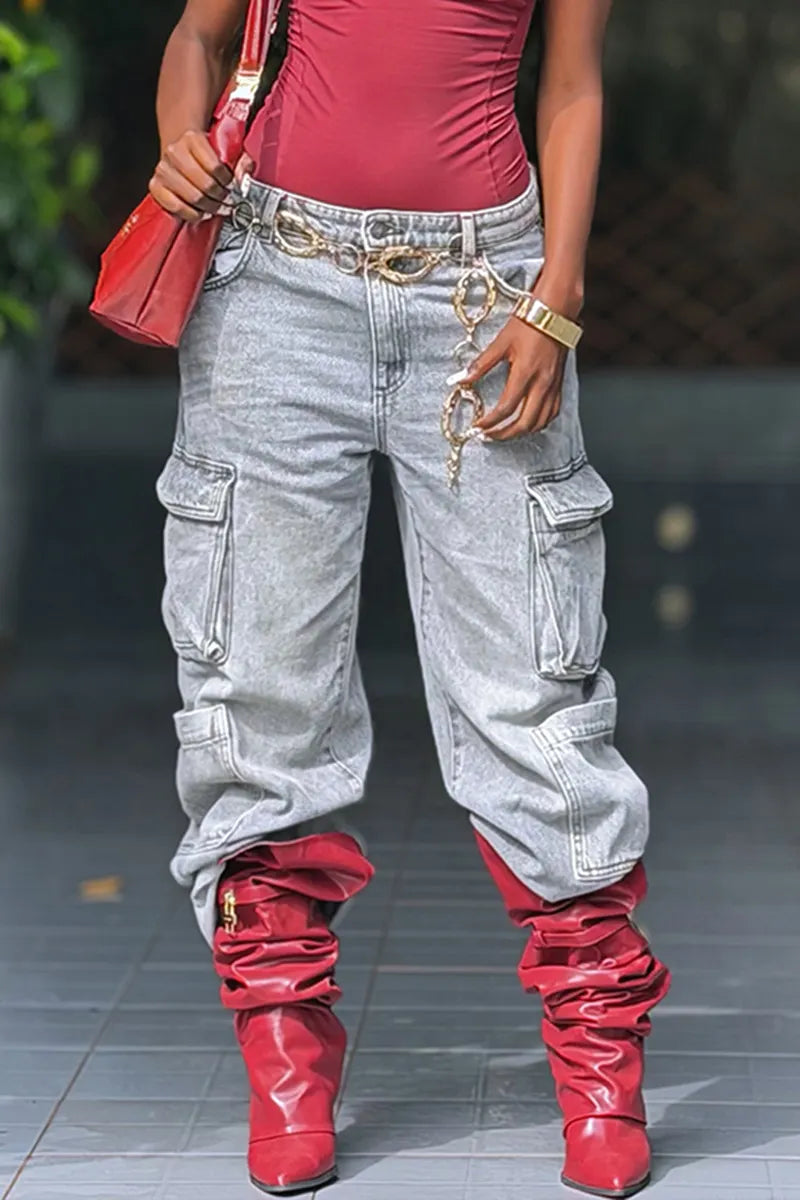 Women's Fashion Washed Cargo Wide Leg Jeans