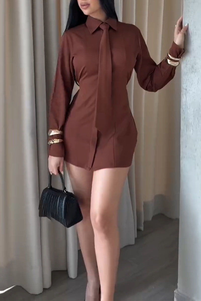 Women's Fashion Shirt Mini Dress with Tie