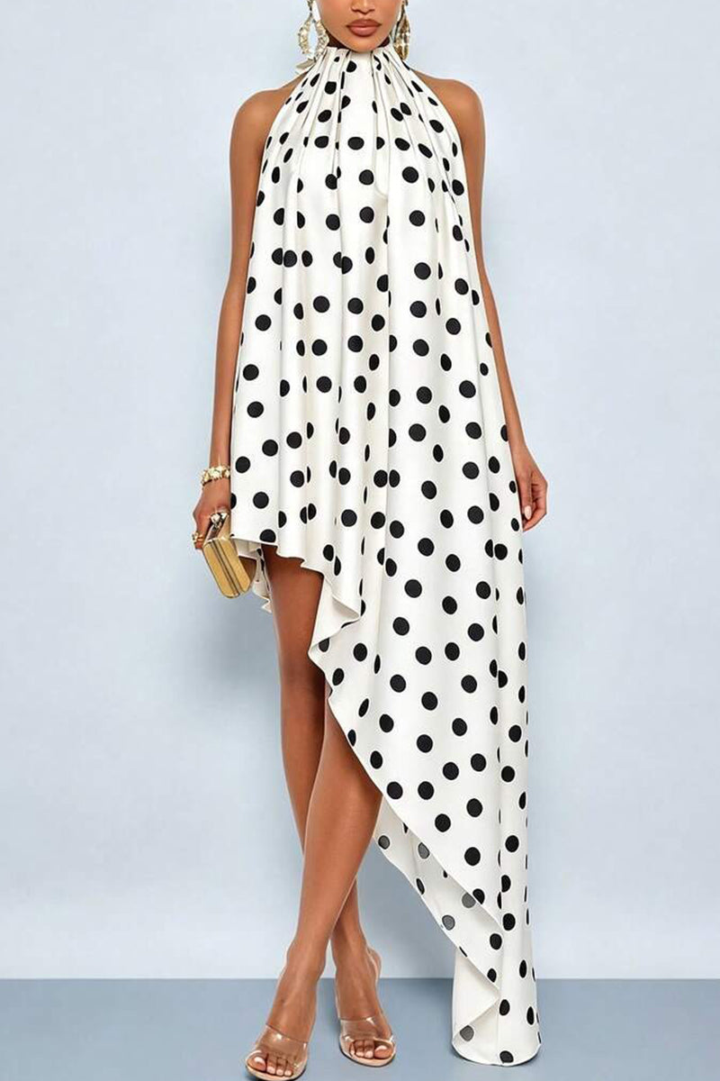 Women's Neck Hanging Sleeveless Polka Dot Print Irregular Elegant Temperament Dress