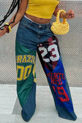 Women's Fashion Letter Print Color-Block Wide Leg Jeans