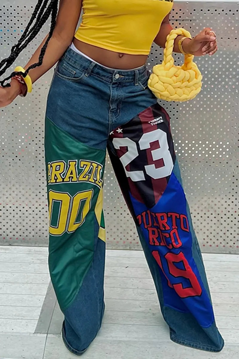 Women's Fashion Letter Print Color-Block Wide Leg Jeans