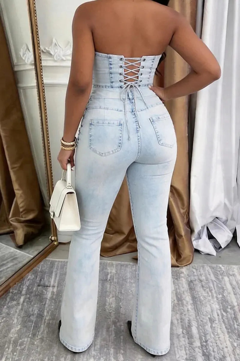 Women's Sexy Strapless Lace Up Denim Jumpsuit