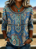 Women's Vintage Print Casual Hollow Denim Shirt