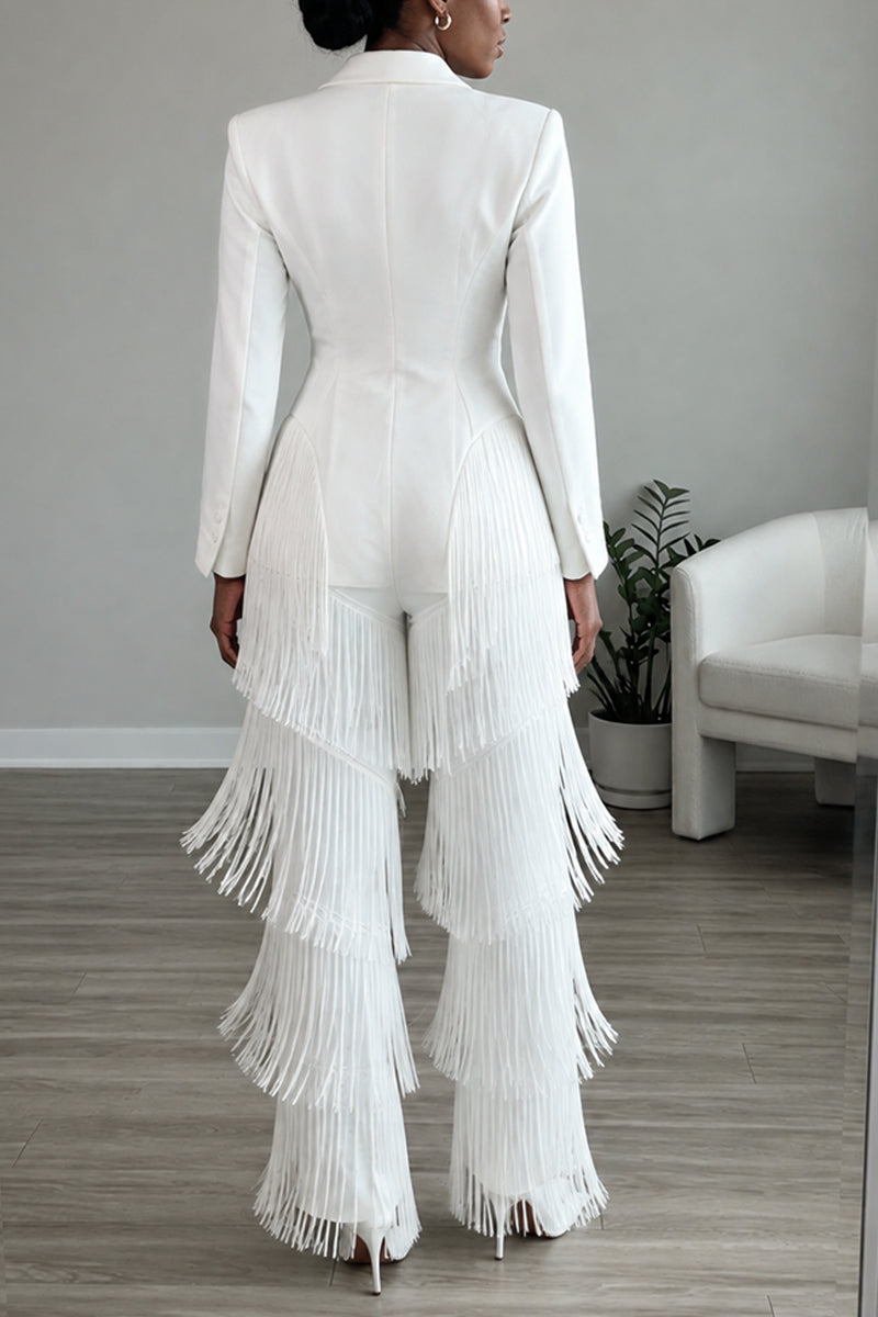 Women's Elegant Notched Lapel Fringe Trim White Blazer or Pants