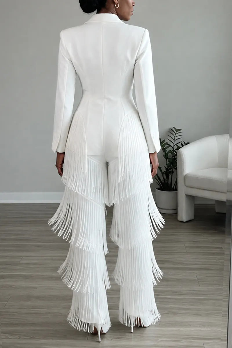 Women's Elegant Notched Lapel Fringe Trim White Blazer or Pants