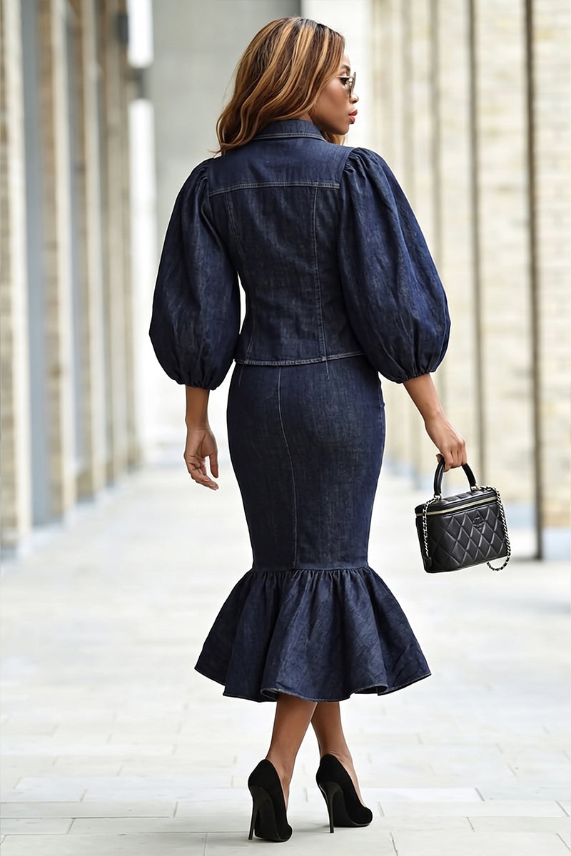 Women's Elegant Puff Sleeve Slim Denim Shirt or Ruffle Skirt