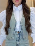 Women Rivet Denim Vest + Denim Shorts