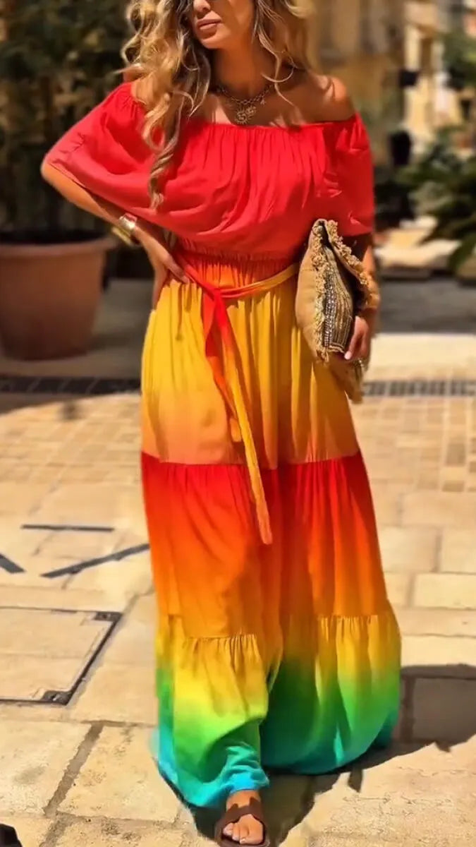Women One Piece Collar Splicing Vacation Leisure Style Colorful Maxi Dresses