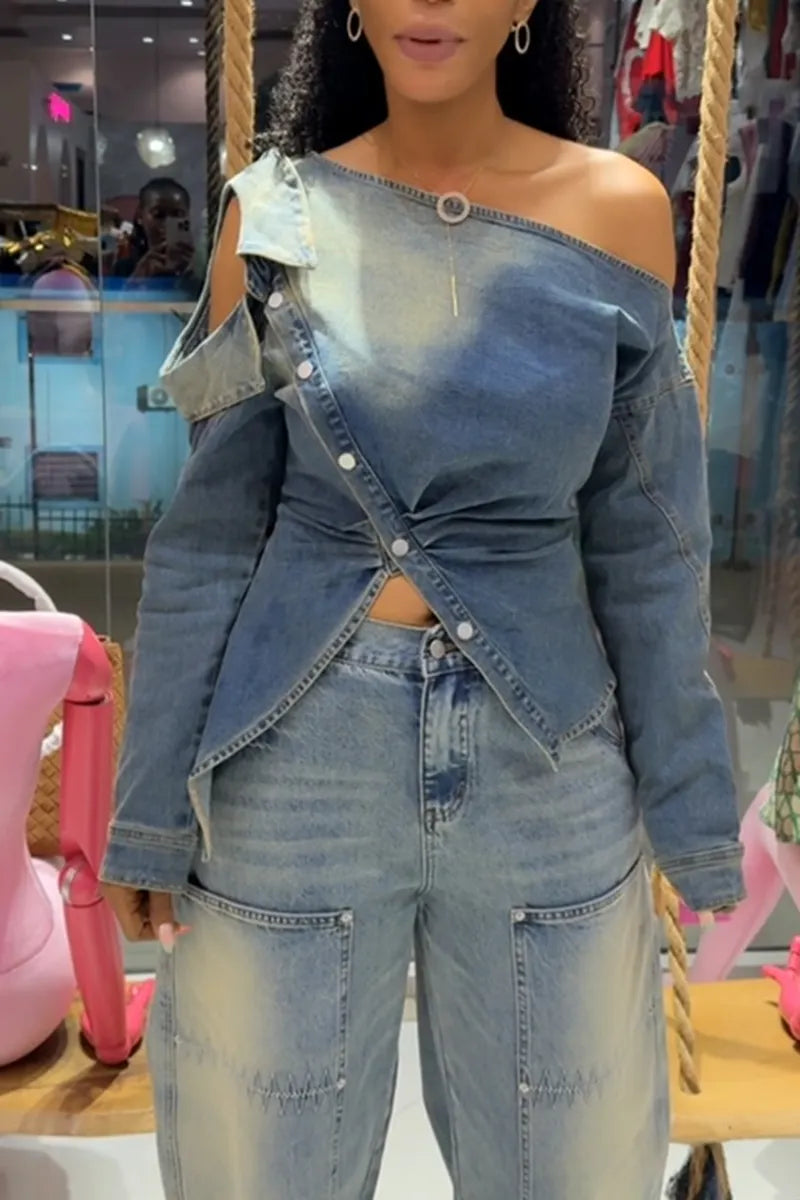 Women's Fashion Lapel Button Asymmetric Denim Top or Jeans
