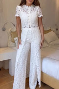 Women's Round Neck Lace See Through Slit Long Top or Lace Pants