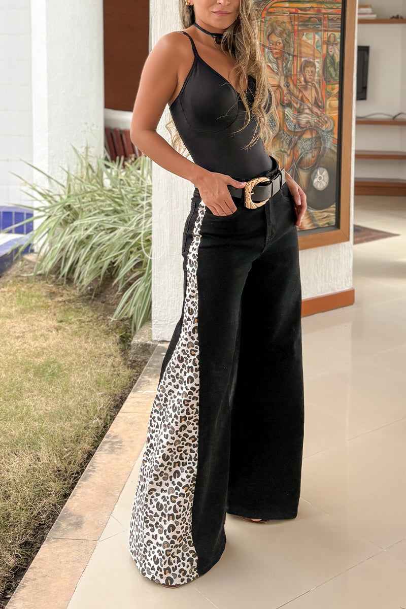 Women's Patchwork Leopard Print Casual Wide Leg Jeans