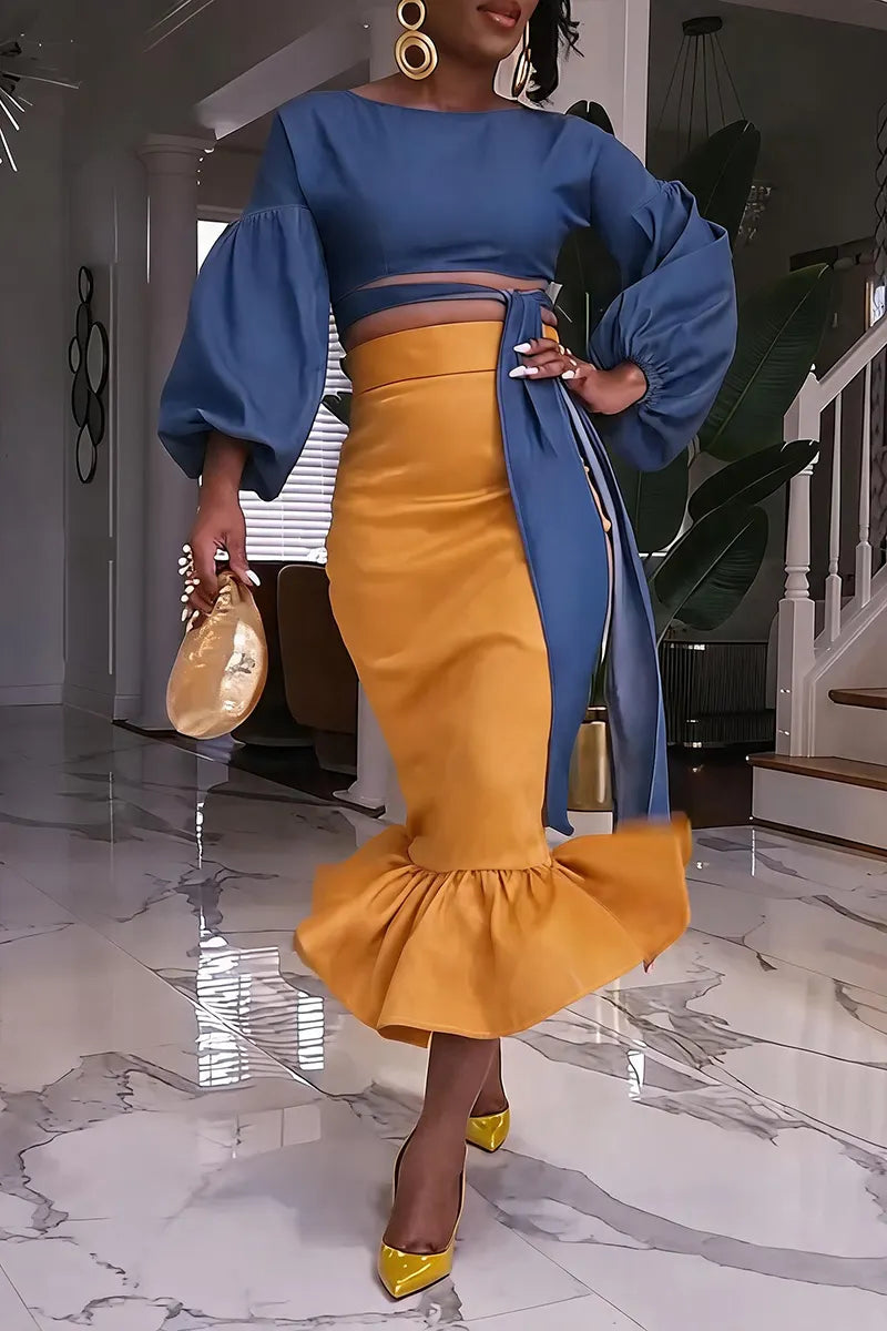 Women's Elegant Puff Sleeve Denim Top or Pencil Mermaid Skirt