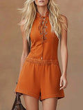 Retro Casual Tie-neck Sleeveless Denim Jumpsuit