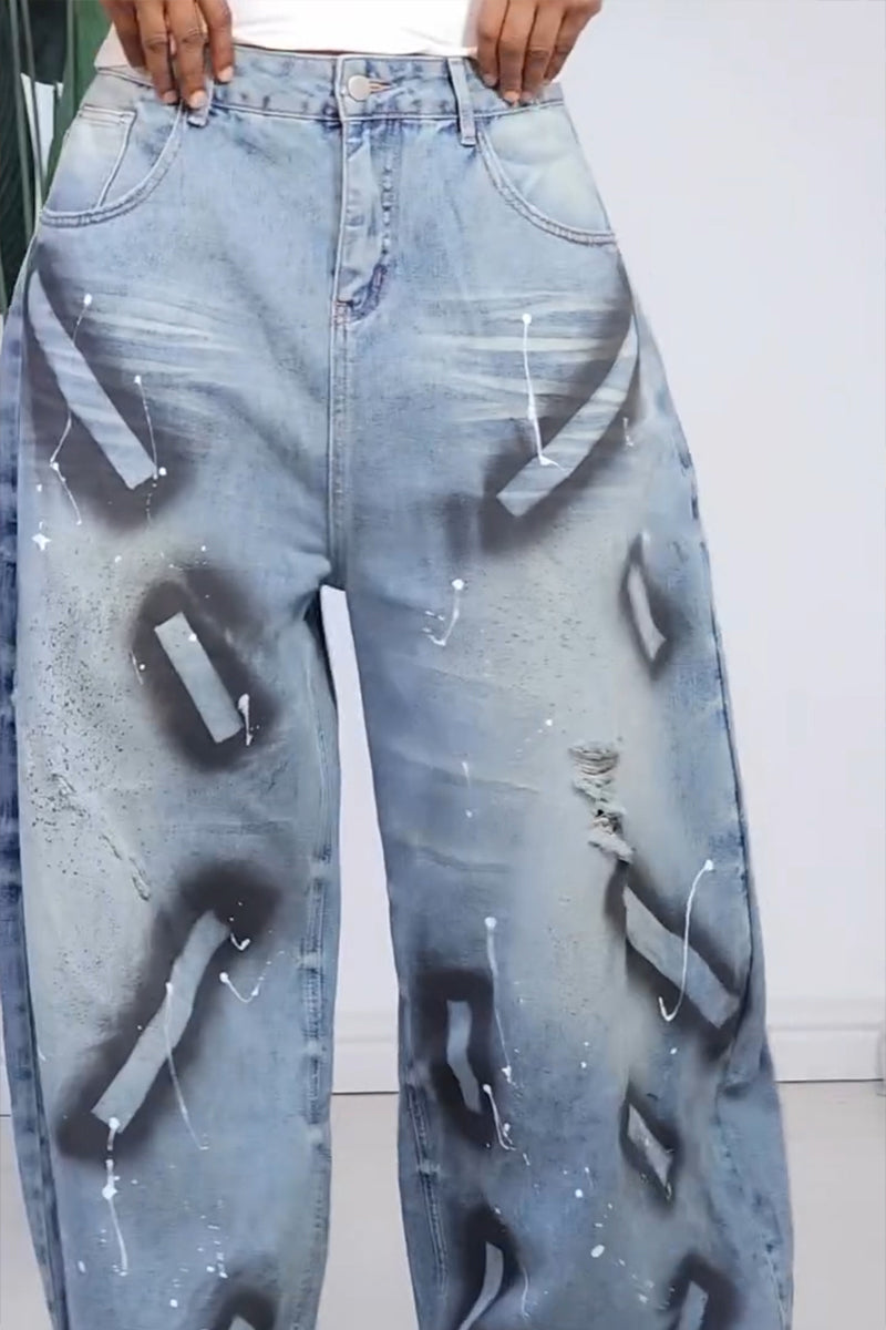 Women's Casual Wide Leg Pattern Decoration Wide Leg Jeans