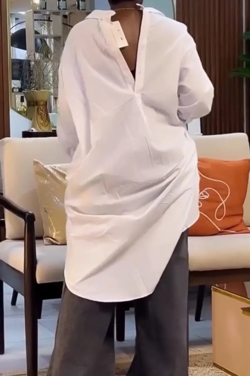 Women Collar Solid Color Casual Long Shirt
