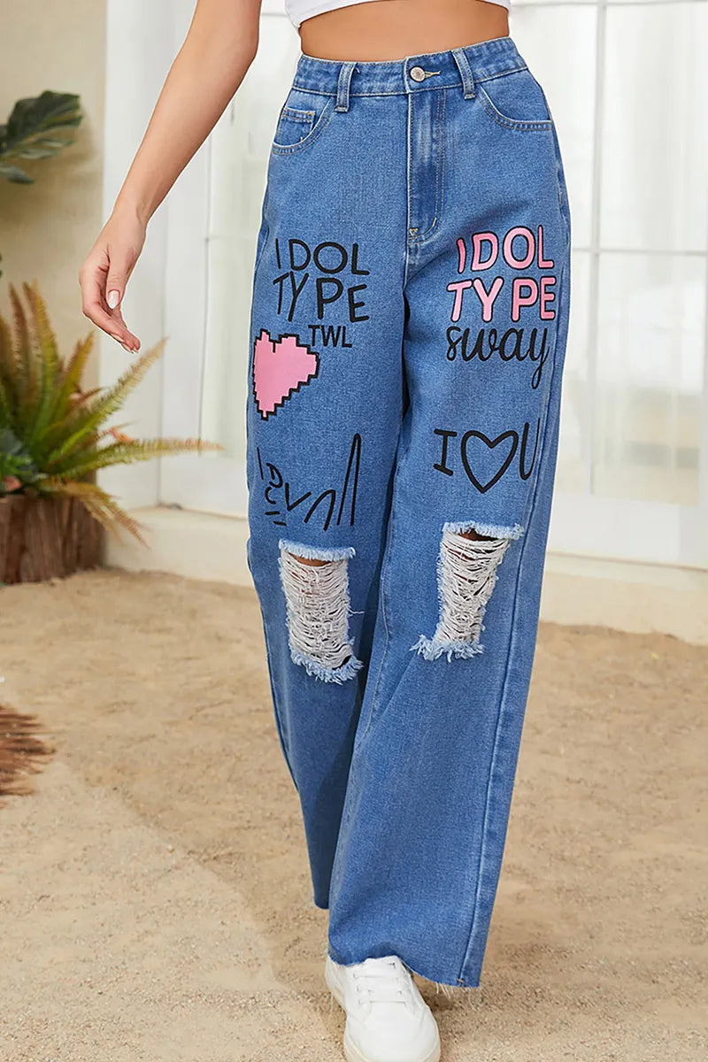 Women's Graffiti Art Distressed Raw Hem Jeans