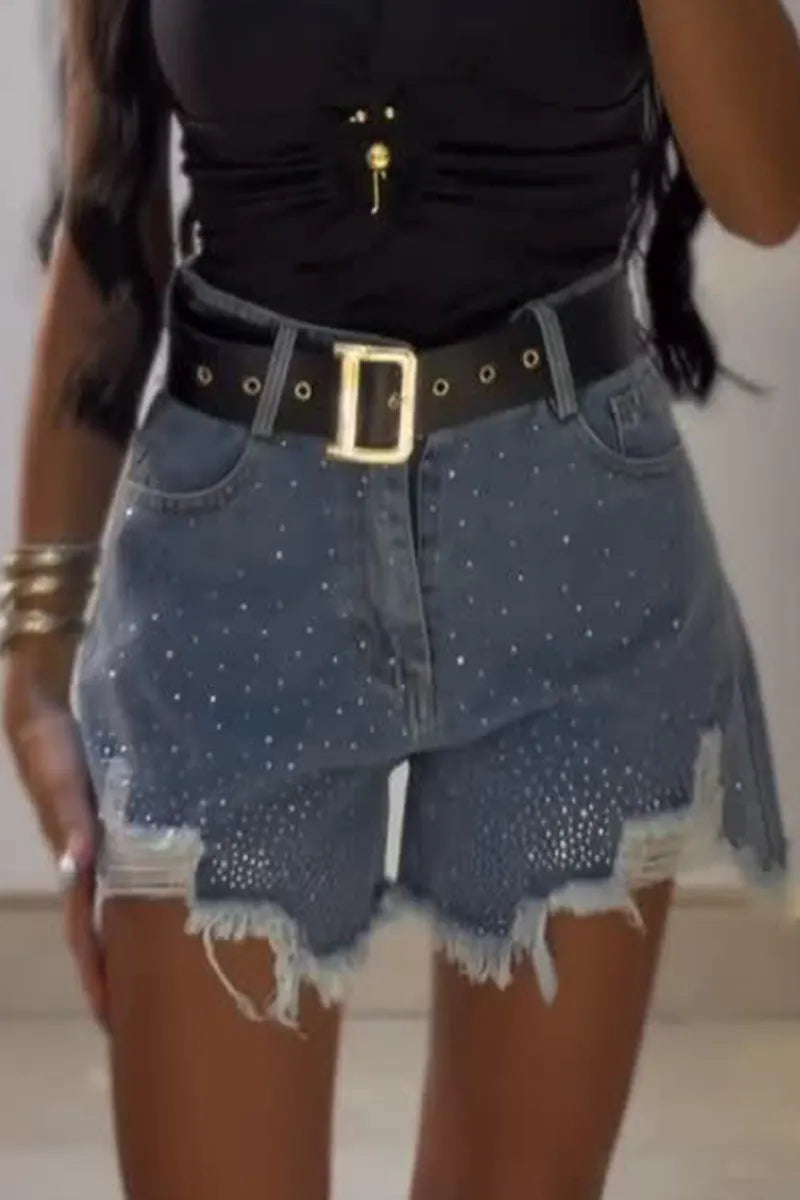 Women's Gradient Rhinestone Frayed Raw Hem High Waist Denim Shorts