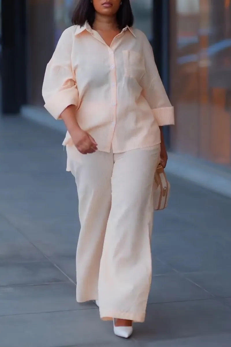 Women's Collar Shirt+Pants Loose Casual Set