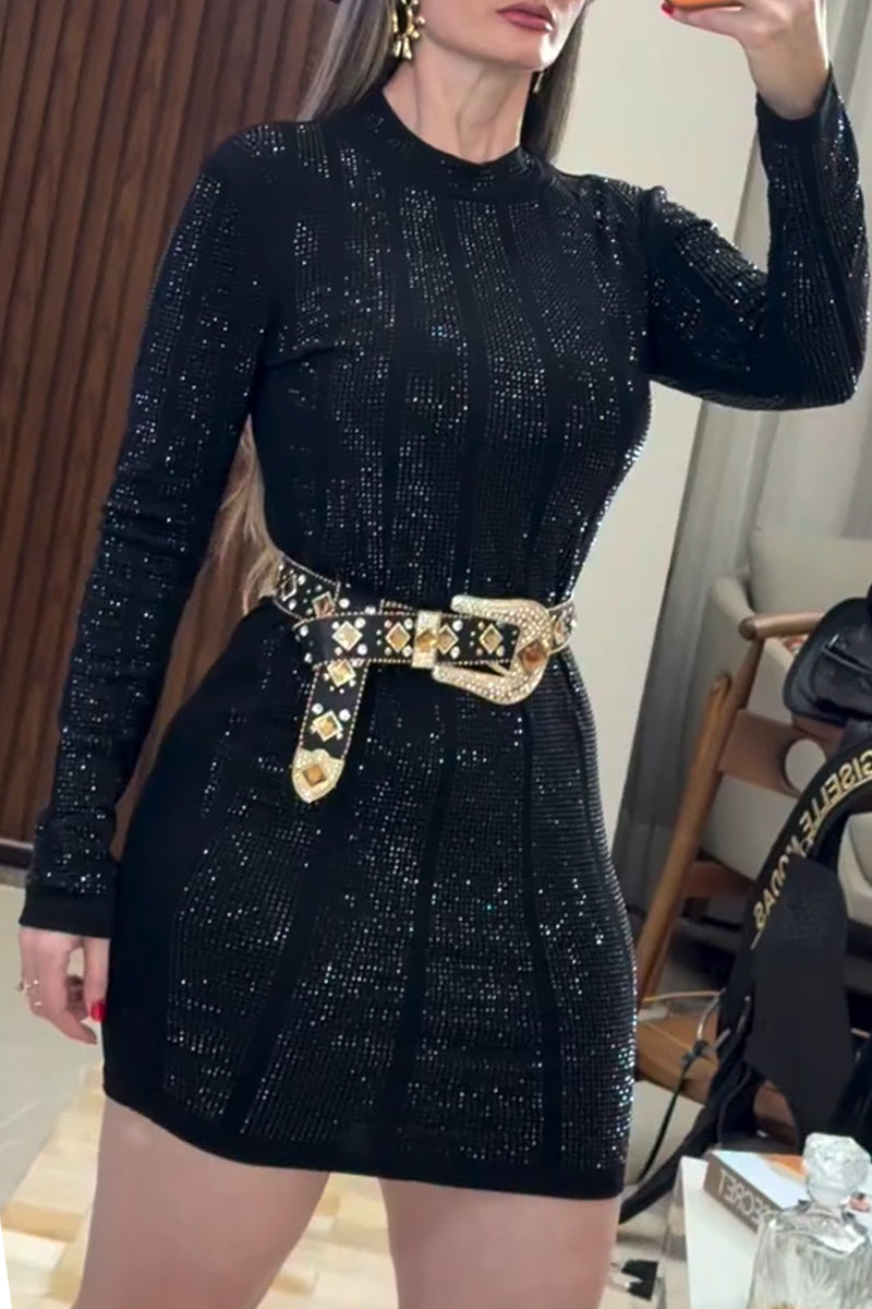 Women's Round Neck Rhinestone Slim Fit Elegant and Sexy Dress