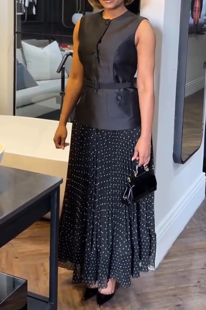 Women's Elegant Casual Round Neck Sleeveless Top or Polka Dot Printed Skirt