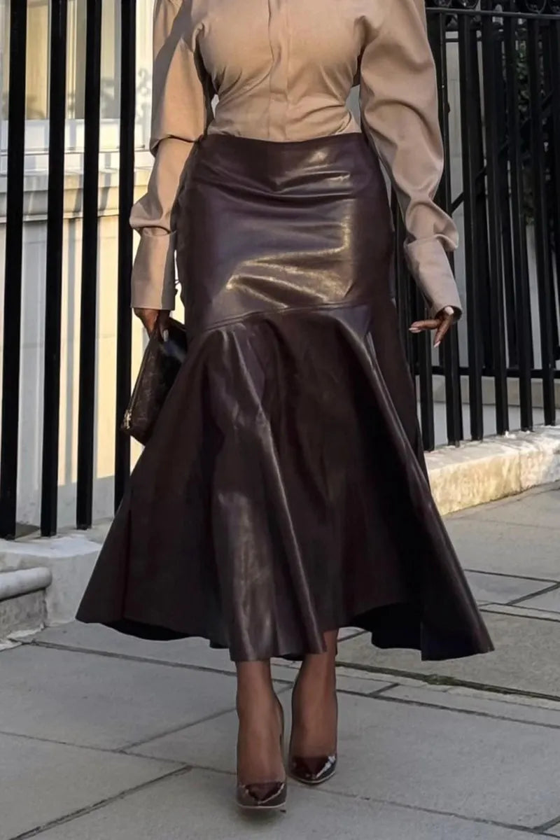 Women's Elegant Temperament Collar Solid Color Shirt or Leather Skirt