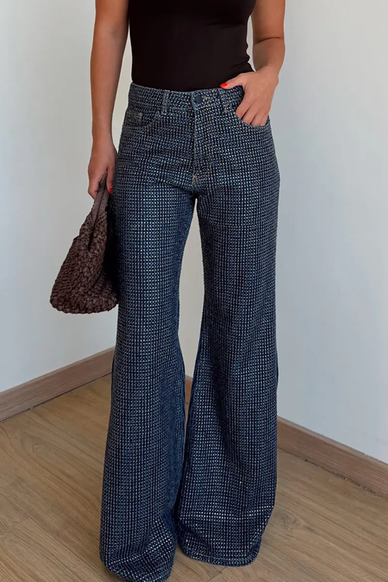 Women's Casual Shiny Rhinestone Wide Leg Jeans