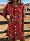 Vintage Floral Print Casual Hollow-Out Denim Dress