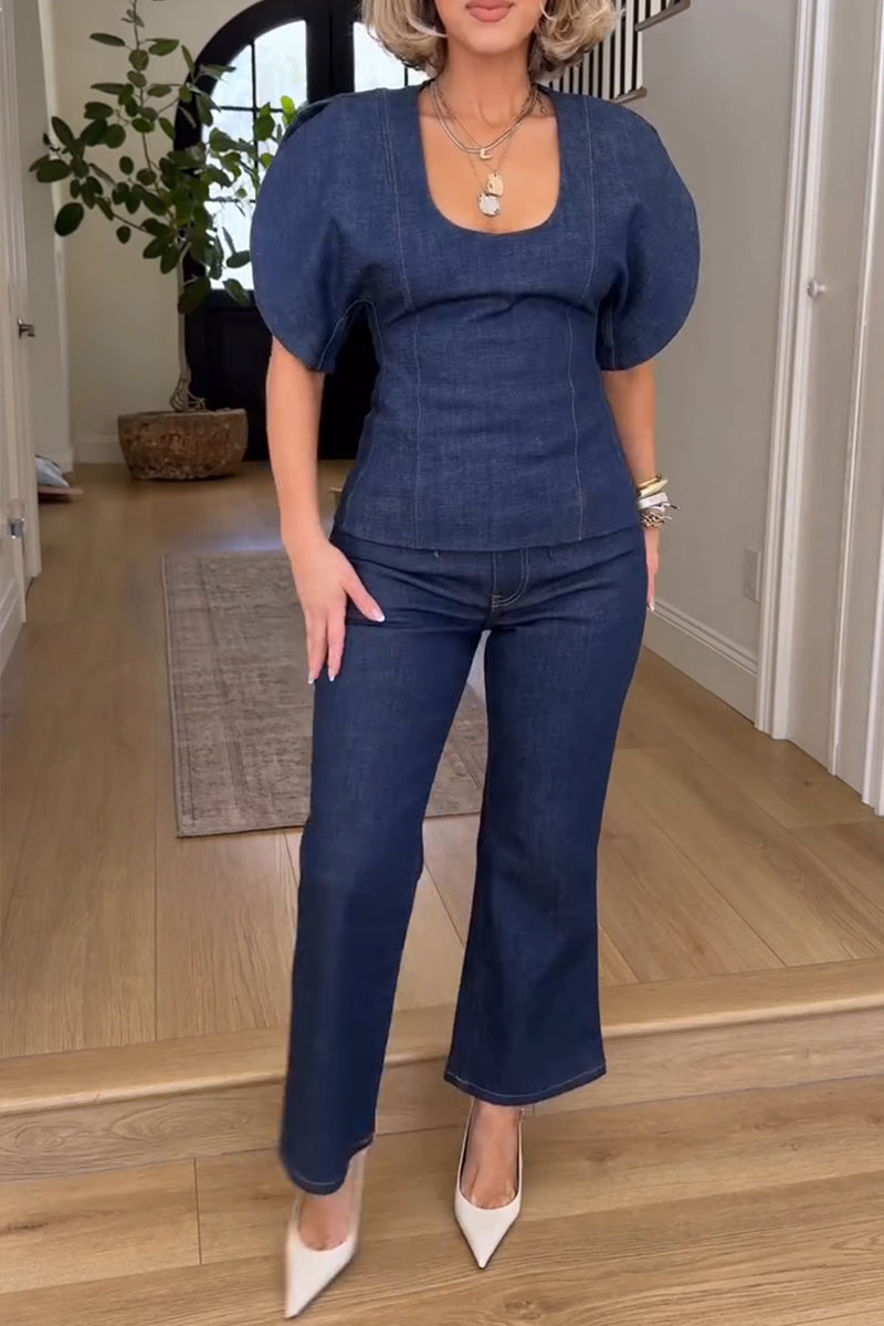Women's Casual Curved Sleeve Denim Top or Ankle Jeans
