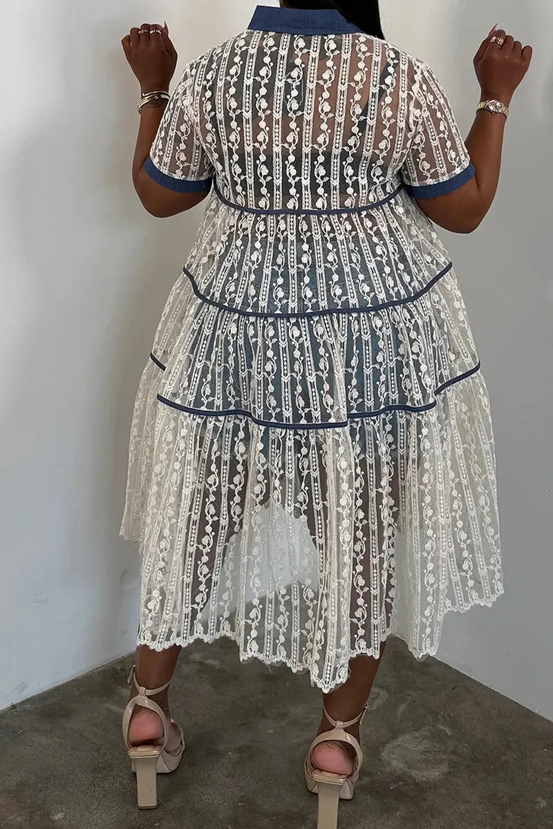 Ladies' Fashionable Casual Lace V-Neck Short Sleeved Contrasting Button Top Denim Mid Length Skirt