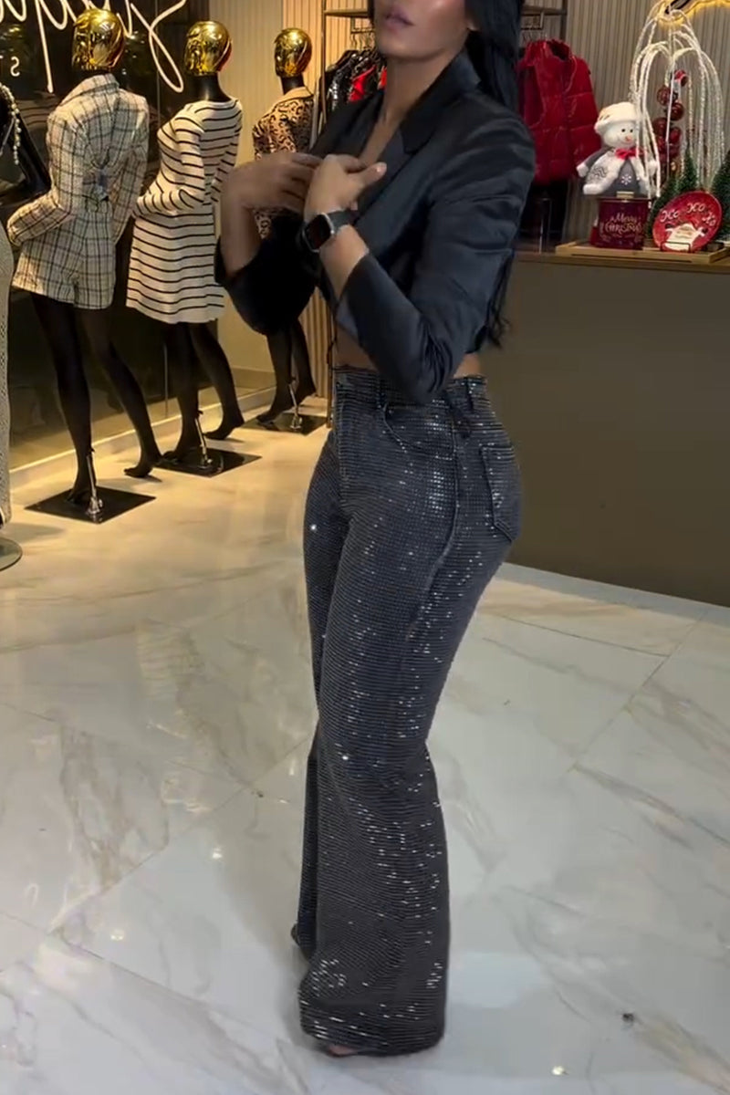 Women's Fashion Shiny Rhinestone Wide Leg Jeans
