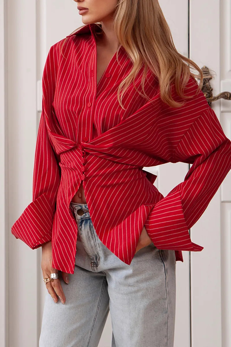 Women's Fashion Stripe Button Trim Shirts